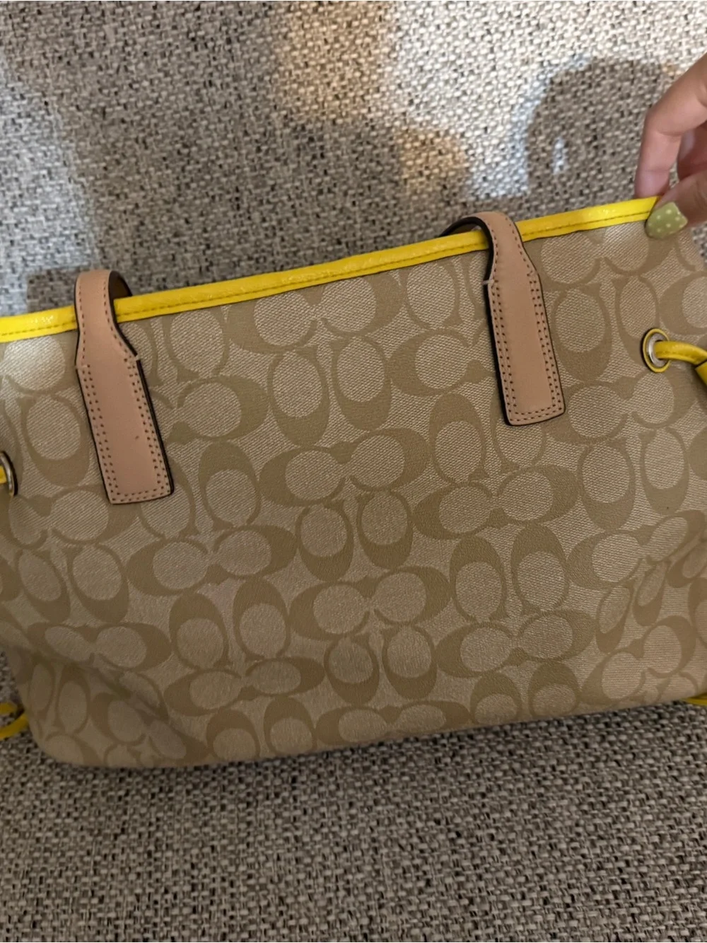 Coach Beige Signature Tote with Yellow Trim and Tan Handles